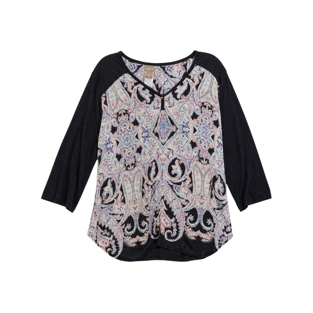 Chicos 3 (XL) Navy Blue Linen Paisley Print 3/4 Sleeve V-Neck Tunic Top BOHO